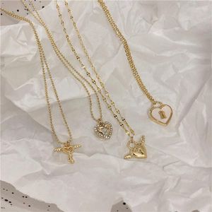 Pendant Necklaces Stainless Steel Heart Lock Choker Necklace Gold Color For Women Vintage French Love Clavicle Jewelry