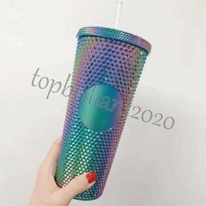 24 oz durian Personlig Starbucks iriserande bling Rainbow Unicorn Studded Cold Cup Tumbler kaffemugg med plast Strawv8suv8s157r