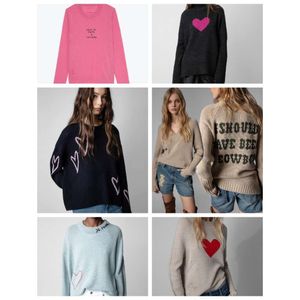 23AW Zadig Voltaire Moletom com capuz feminino, moletom com letras francesas bordado de caxemira suéter de malha fina feminino rosa vermelho