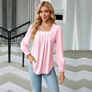 Camicette da donna 2023 Moda Donna Camicetta Camicie per le donne Elegante manica lunga scollo quadrato Rosa Top femminili in chiffon Abbigliamento autunnale