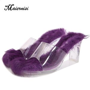 Design Sweet European American Niche Slippers and Versatile Fur High Heels Slippers Crystal Heel Rabbit Hair Large Size Women 2 30