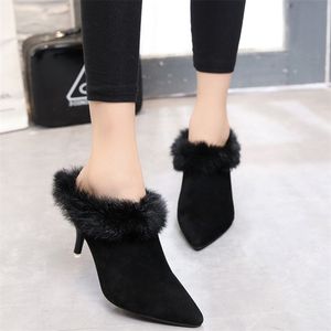 Slippers Quality Plush slippers women sexy high heels rabbit hair mules slides winter pointed toe stilettos all-match black/brown loafers 231218