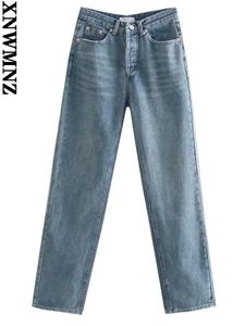 Jeans xnwmnz jeans kvinnor 2022 mode bred ben jeans vintage hög midja blå jeans blixtlås fluga denim kvinnliga byxor streetwear jeans