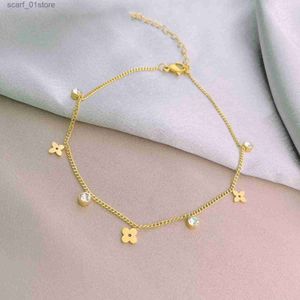 Anklets Waterproof 18k Gold Plated Stainless Steel Flower Zircon Chain Anklet Beach Barefoot Sandal Foot Jewelry for Women GirlL231219