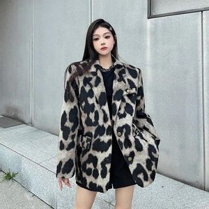 Женские костюмы UNXX 2023, зимняя мода, толстый шерстяной пиджак с леопардовым принтом, куртка для женщин, корейский стиль, негабаритное повседневное пальто небольшого размера