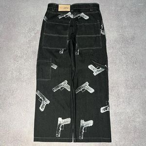 Jeans da donna Retro Y2k Allentato Harajuku Design stampato da uomo e nero a vita alta 2024 Punk Pantaloni larghi da strada Street Wear