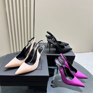 Высококачественные шелковые женские туфли на высоком каблуке с пряжкой из атласа Сандалии на шпильке с острым носком 10,5 см Роскошная дизайнерская обувь Платье Вечерние туфли Фабричная обувь С коробкой