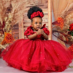 Vestidos de menina lindo flor vermelha meninas princesa frisado rendas crianças primeira comunhão vestido de batismo da criança