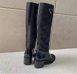 New Triangle panelled Knee-High Boots high quality nylon chunky block heel tall leather sole Women's luxury designers Fashion Party Dress shoes factory footwear215