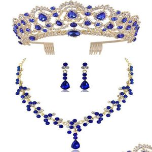 Örhängen halsband diezi röd grön blå krona och örhänge smycken set tiara rhinestone bröllop brud set tillbehör207q drop deli dhojc