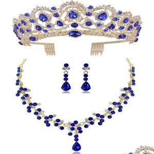 Küpe Kolye Diezi Kırmızı Yeşil Mavi Taç ve Küpe Takı Seti Tiara Rhinestone Düğün Setleri Accessories207Q Drop Deli Dhojc