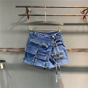 Jeans sommar oregelbundet multipocket verktyg aline denim shorts kjol kvinnor hög wasit lös wideleg