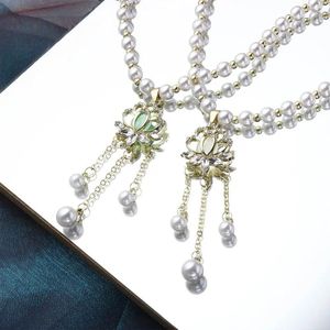 Ожерелья с подвесками, элегантные вечерние украшения из бисера, модные аксессуары, жемчуг с кисточками в форме лотоса, женское ожерелье с кристаллами, корейский стиль
