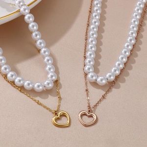 Colares de pingente elegante aço inoxidável para mulheres concha imitação pérola dupla corrente coração colar gargantilha femme jóias presentes