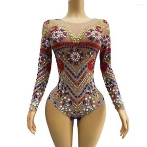 Stage Wear Sexy Shining Colorful Rhinstones Pearls Dance Bodysuit Evening Birthday Celebrate Costume Prom Party Dancer Collections