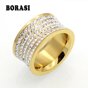 Band Rings 5 ​​Row Brand Crystal Jewelry Fashoin Women Män unisex lyx 11mm bred grossist guldfärg rostfritt stål bröllop 231219