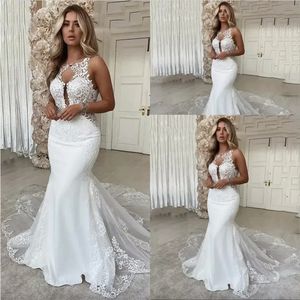 Stunningbride 2024 Boho Mermaid Wedding Dresses Bridal Gown Sleeveless Lace Applique Sexy Backless Plus Size Covered Buttons Chapel Train