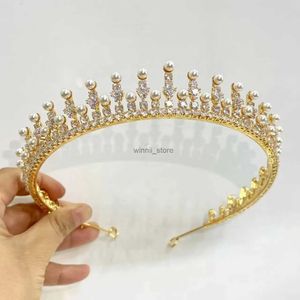 Jóias de cabelo de casamento ASNORA Tiara Cubic Zirconia Feminino Alongamento Golden Pearl Crown Bridal Jewelry Desfile Headdress Acessórios de cabelo de casamento completoL231120