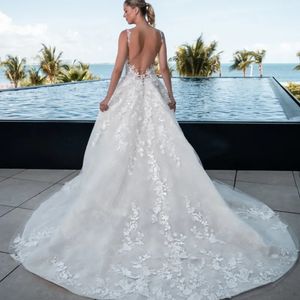 Stunningbride 2024 Charming Scoop Neck Backless Court Train Sleeveless A-Line Wedding Dresses Graceful Appliques Lace Princess Bride Gown