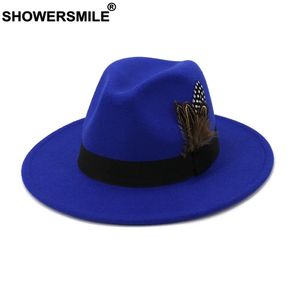 Chapéus de aba larga Chapéus de balde Chapéus Showersmile Royal Blue Mulheres Homens Lã VintageTrilby Felt Chapéu Fedora com Penas Chapéus de Igreja Aba Larga Inverno Outono Jazz Caps 231218