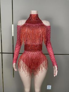 Palco desgaste vermelho preto strass franjas transparente bodysuit mulheres dança celebrar desempenho traje aniversário noite outfit