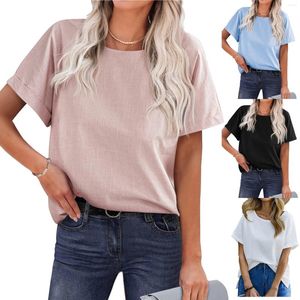 Ethnic Clothing Solid Color Loose Waist Top 2023 Summer Women's Shirt Short Sleeved Cotton Linen Casual Round Neck Blouse