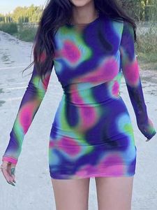 Casual Dresses Women Tie-Dye Print Backless Short Dress Chic Long Sleeve Crew Neck Neck BodyCon Party Mini för Beach Cocktail Club Street