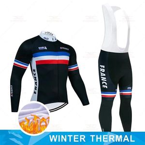 세트 2023 Pro France Blue Mens Winter Cycling Jersey Set Long Sleeve Mountain Bike Cycling Clothing 통기 MTB 자전거 의류 착용