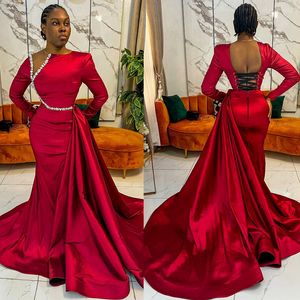 Red Elegant Evening Dresses for Special Occasions Prom Dresses for Black Women Backless Long Sleeves High Split Sexy Birthday Party Gowns Dinner Simple Gowns NL058