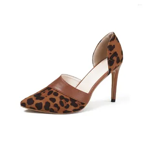 Dress Shoes Large Size Women Suede Leopard Leather Splicing Pointed Toe Saltos Alto Femininos Fine Heel Sexy High Heeled