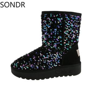 Cores Rainbow 723 Womens lantejoulas Bling Boots Snow Warm Winter Sapatos grossos Girls 2024 231219