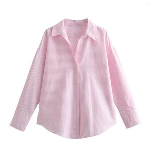 Camicette da donna 2023 Camicie da donna Vintage Stripe Risvolto con scollo a V Bottone Orlo asimmetrico Camicetta Donna Abbigliamento Top a maniche lunghe Autunno Rosa