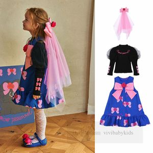 2024 Spring Girls Rose Bows Vest Dresses Kids Falbala Hem Princess Dress Children Gaze Puff Sleeve Bottom Shirt Z6158