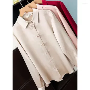 Damesblouses Franse stijl Hoge kwaliteit 40 M Zware Office Lady Effen Satijn Zijde Shirt met lange mouwen Damesblouse