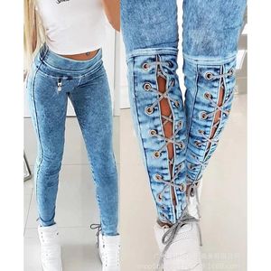 Kot kot kadınlar için kot slimfit dantel Up Jeans Kadınlar bahar sonbahar moda orta bel denim kalem pantolon sokak kıyafeti kot pantolon