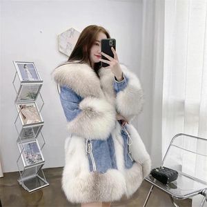 Women's Fur 2024 Winter Fashion Faux Denim Patchwork Coat Women Jeans Jacket Female Cotton Warm Parkas Loose Outerwear R376