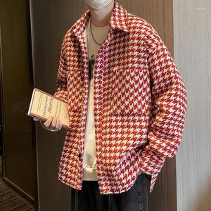 Men's Casual Shirts Houndstooth Pattern Cargo Men Loose Classic Retro Coats Trendy Single Breasted Blouses Male Street Long Sleeved Jackets