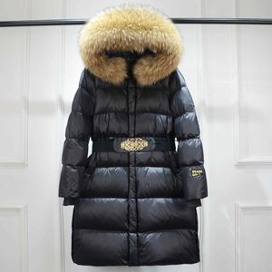 Parka da donna Janveny Grande vera pelliccia di procione con cappuccio Piumino lungo impermeabile lucido da donna Cappotto invernale in piumino d'anatra spesso Cintura Parka femminile J231219