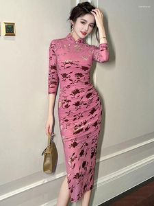 Sıradan Elbiseler Zarif Qipao Prom Elbise Kadınlar 2023 Çin tarzı Geliştirilmiş Cheongsam Baskılı Elastik Mesh Bodycon Katlar Robe Femme Partisi