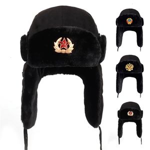 Trapper Hats Sovjet Militaire Badge Rusland Bomber Hoeden Pilot Cap Winter Faux Konijnenbont Oorklep Sneeuw Caps Hoed 231219