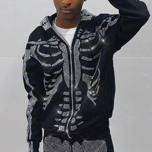 Herrtröjor grunge y2k kläder rhinestone skelett herr huva gotiska full zip topp punk jacka tröja sudaderas 2022 höst/vinter 231219