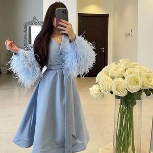 Tea-Length Prom Evening Dress One-Shoulder Classic Long Sleeve Feather Satin Exquisite