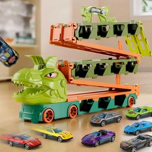 Auto elettrica/RC Dinosauro Stoccaggio pieghevole Auto da corsa Hauler Truck Super grande veicolo trasformante Mega Hauler Toy con 8 mini auto da corsa per bambiniL231216