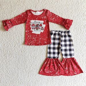 Set di abbigliamento Set di Buon Natale per bambini all'ingrosso Camicia da Babbo Natale a maniche lunghe con volant rosso Camicia per bambini Pantaloni a campana scozzese per bambina