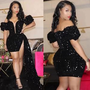 Urban Sexy Dresses Gorgeous Glitter Black Homecoming Dress Sparkles Short Prom Dresses 2024 Zipper Long Puffy Sleeves Party Dress Robe de Soiree 231219