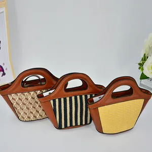 Color-matching striped straw hand-woven holiday tote French woven Tote bag, Top length 25cm, bottom length 15cm, height 20cm, Yellow, striped, pattern