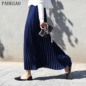 Skirts PADEGAO navy high waist pleated long skirt solid a line women autumn winter black plus size boho casual party maxi long skirts