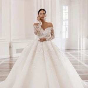 Stunningbride 2024 Elegant Sweetheart-Neck Long Sleeve Bride Ball Gown Wedding Dress Gorgeous Appliques Lace Chapel Train Vintage Bridal Gown