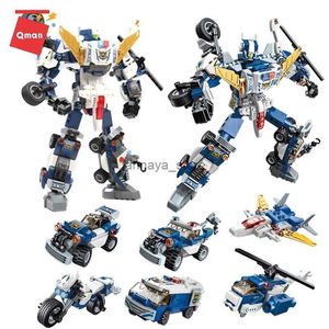 Modellbausätze 6in1 Transforming Robot Bausteine Polizei LKW Auto Hubschrauber Motorrad Modell Lernspielzeug Junge GeschenkeL231216