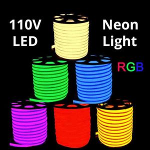 RGB AC 110 V Neon-Seil-LED-Streifen, 50 Meter, wasserdicht, 5050 SMD-Licht für den Außenbereich, 60 LEDs M mit STROMVERSORGUNG, schneidbar auf 1 Meter, 214 Stunden